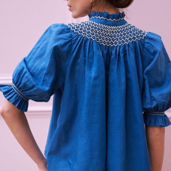 Scholl Blouse Cobalt Linen with Vanilla Hand Smocking Edition 54 Scholl Blouse Cobalt Linen with Vanilla Hand Smocking Edition 54